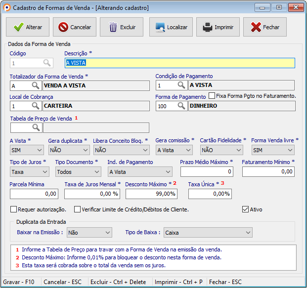 Cadastro de Formas de Venda