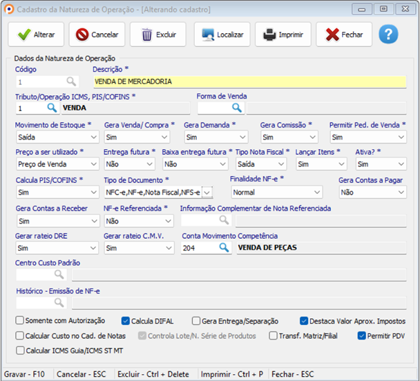 Cadastro de Natureza de Operação